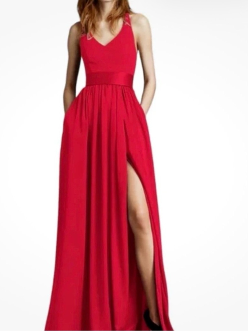 WHITE by Vera Want Halter Long Dress Red Satin Belted Slit Bow Occasion Formal